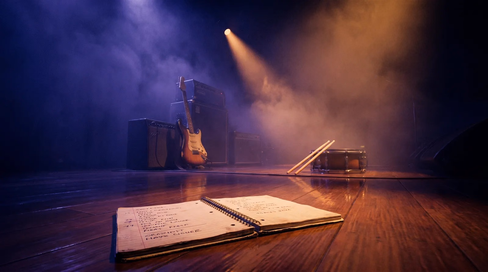 Empty stage with a handwritten setlist notebook in the foreground, electric guitar leaning on amp stacks, and a snare under purple and amber lights